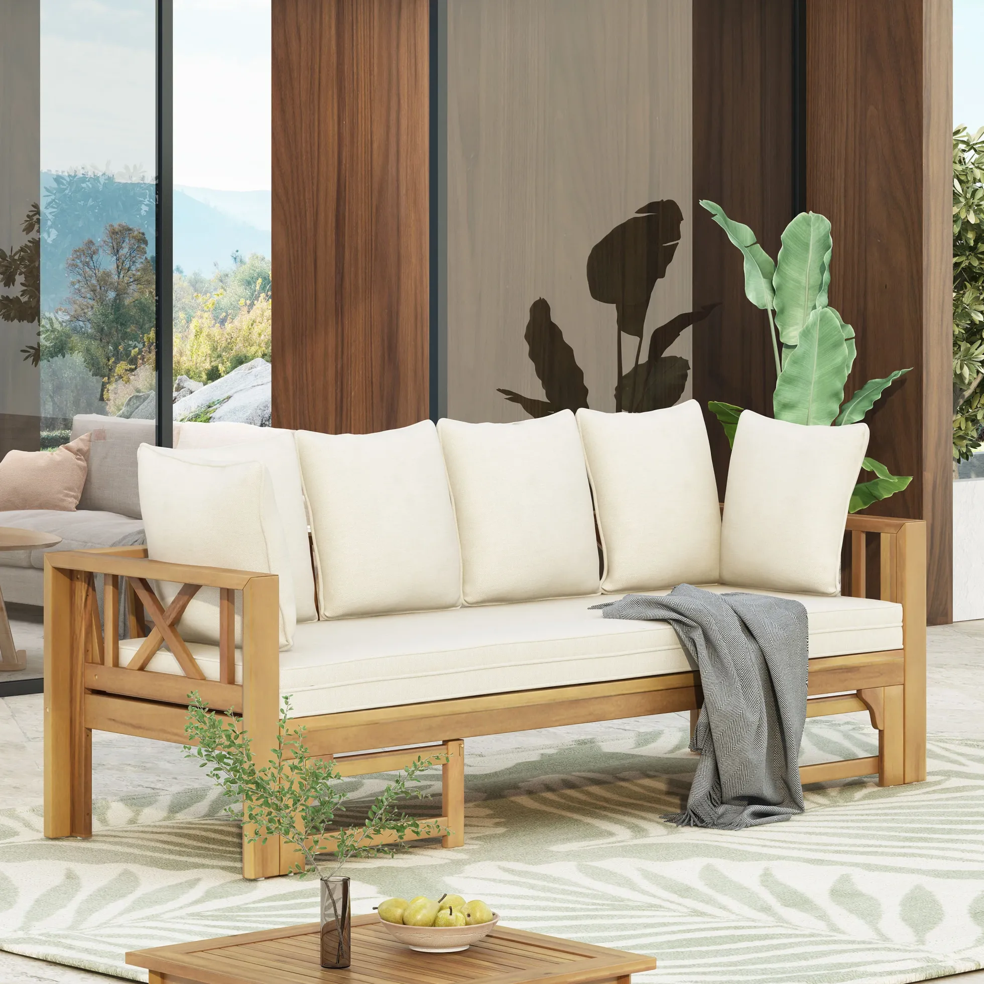 Walker Edison | Acacia Wood Outdoor Extendable Sofa into Daybed