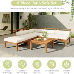 Walker Edison | Acacia Wood Outdoor Modular 6 Piece Sectional Sofa Set