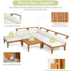 Walker Edison | Acacia Wood Outdoor Modular 6 Piece Sectional Sofa Set