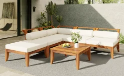 Walker Edison | Acacia Wood Outdoor Modular 6 Piece Sectional Sofa Set