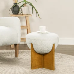 Walker Edison | Bali 18.5' Round Upholstered Ottoman with Natural Wood Base
