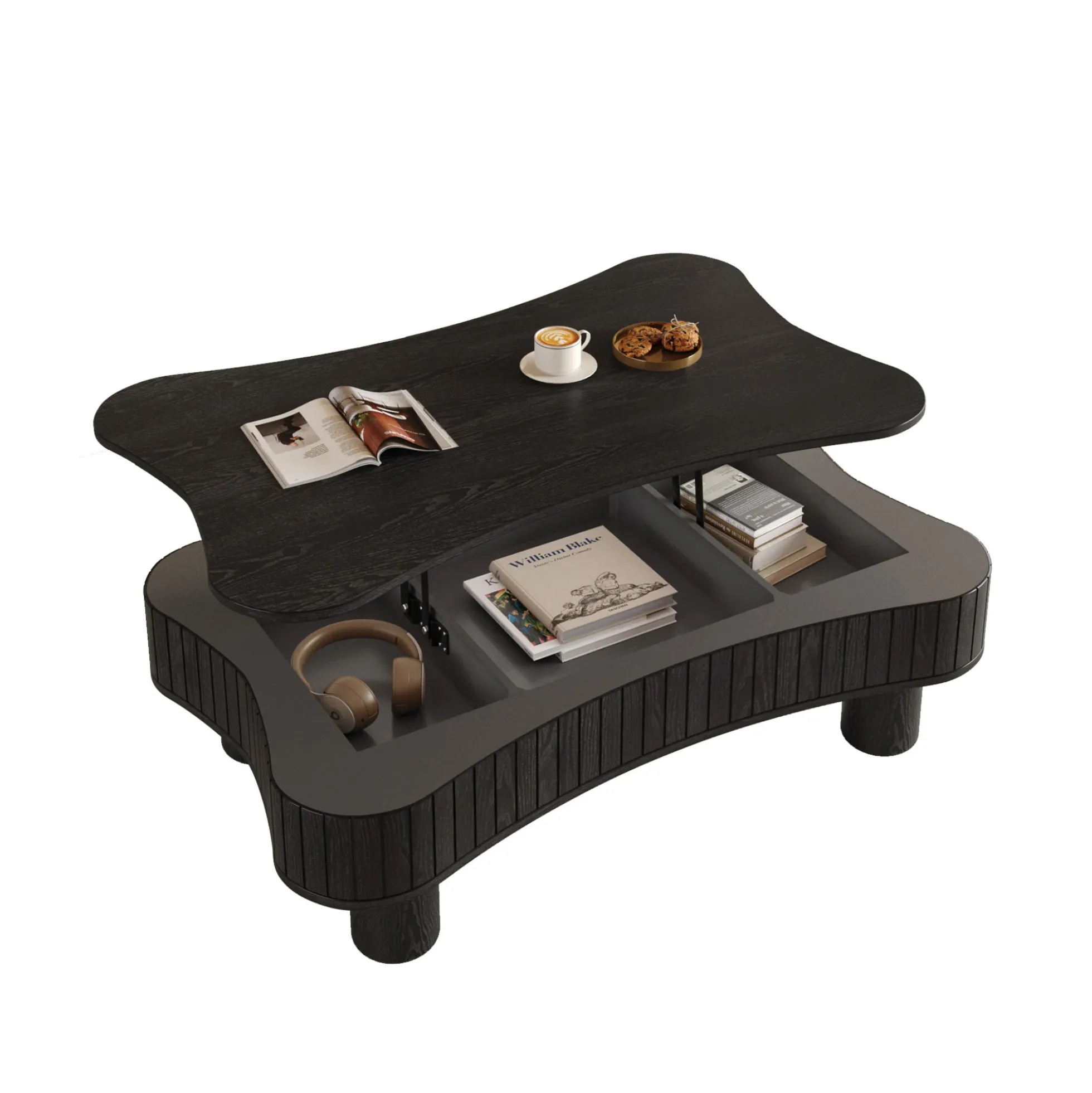 Walker Edison | Black Reeded Curve Design Lift Top Coffee Table and Desk
