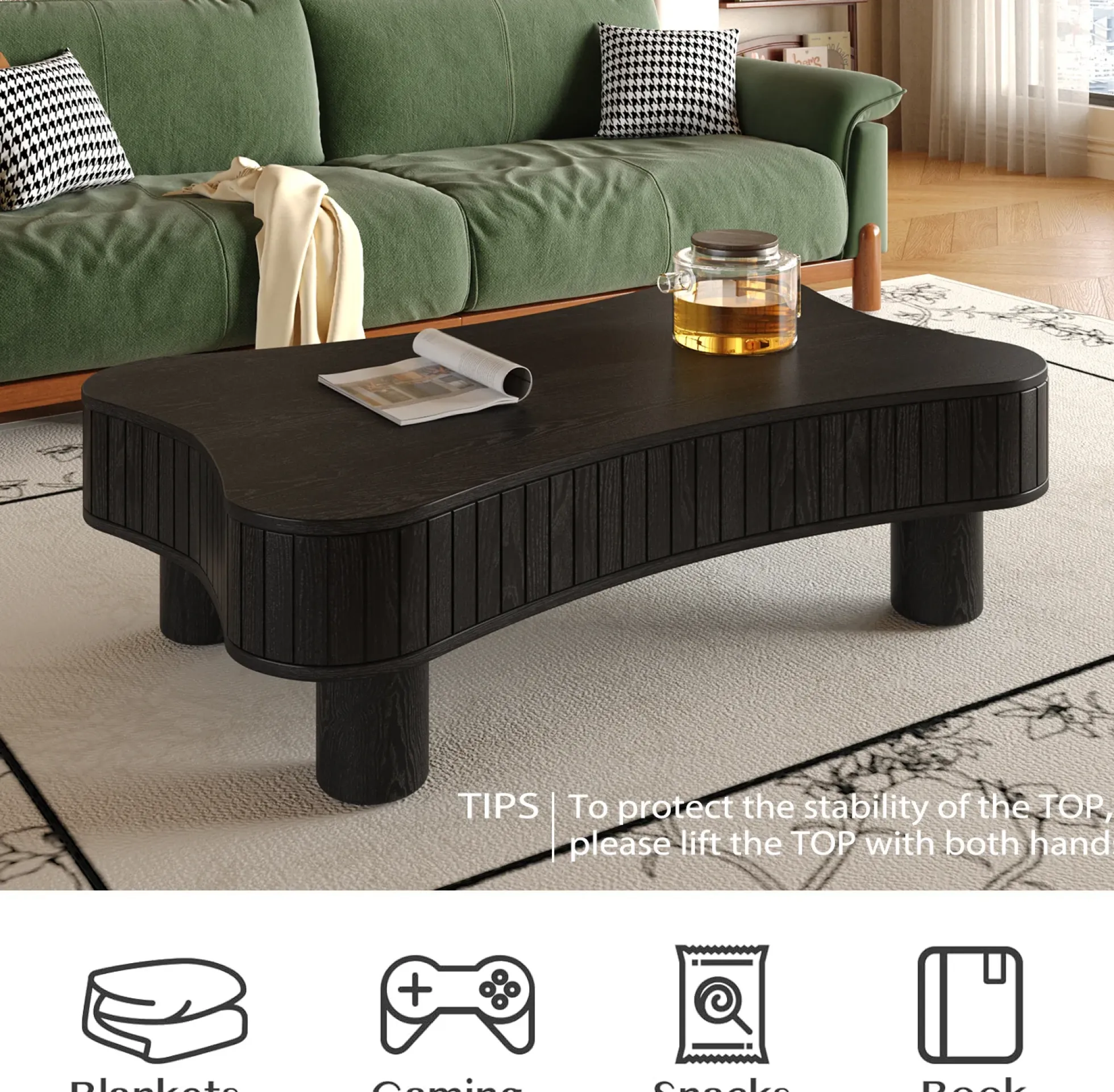 Walker Edison | Black Reeded Curve Design Lift Top Coffee Table and Desk