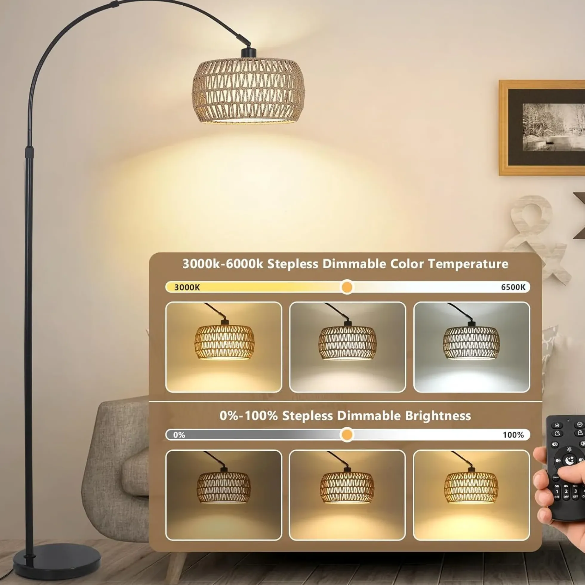 Walker Edison | Boho Arc Floor Lamps for Living Room with 3 Color Temperatures