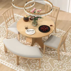 Walker Edison | Charming 5-Piece Rustic Round Dining Set with Chairs and Curved Bench