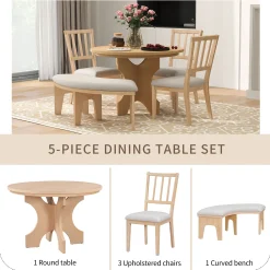 Walker Edison | Charming 5-Piece Rustic Round Dining Set with Chairs and Curved Bench
