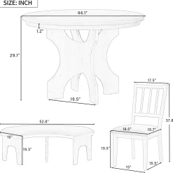 Walker Edison | Charming 5-Piece Rustic Round Dining Set with Chairs and Curved Bench