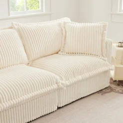 Walker Edison | Cloud Cream Corduroy Slipcovered Sectional Sofa with Ottoman