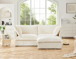 Walker Edison | Cloud Cream Corduroy Slipcovered Sectional Sofa with Ottoman