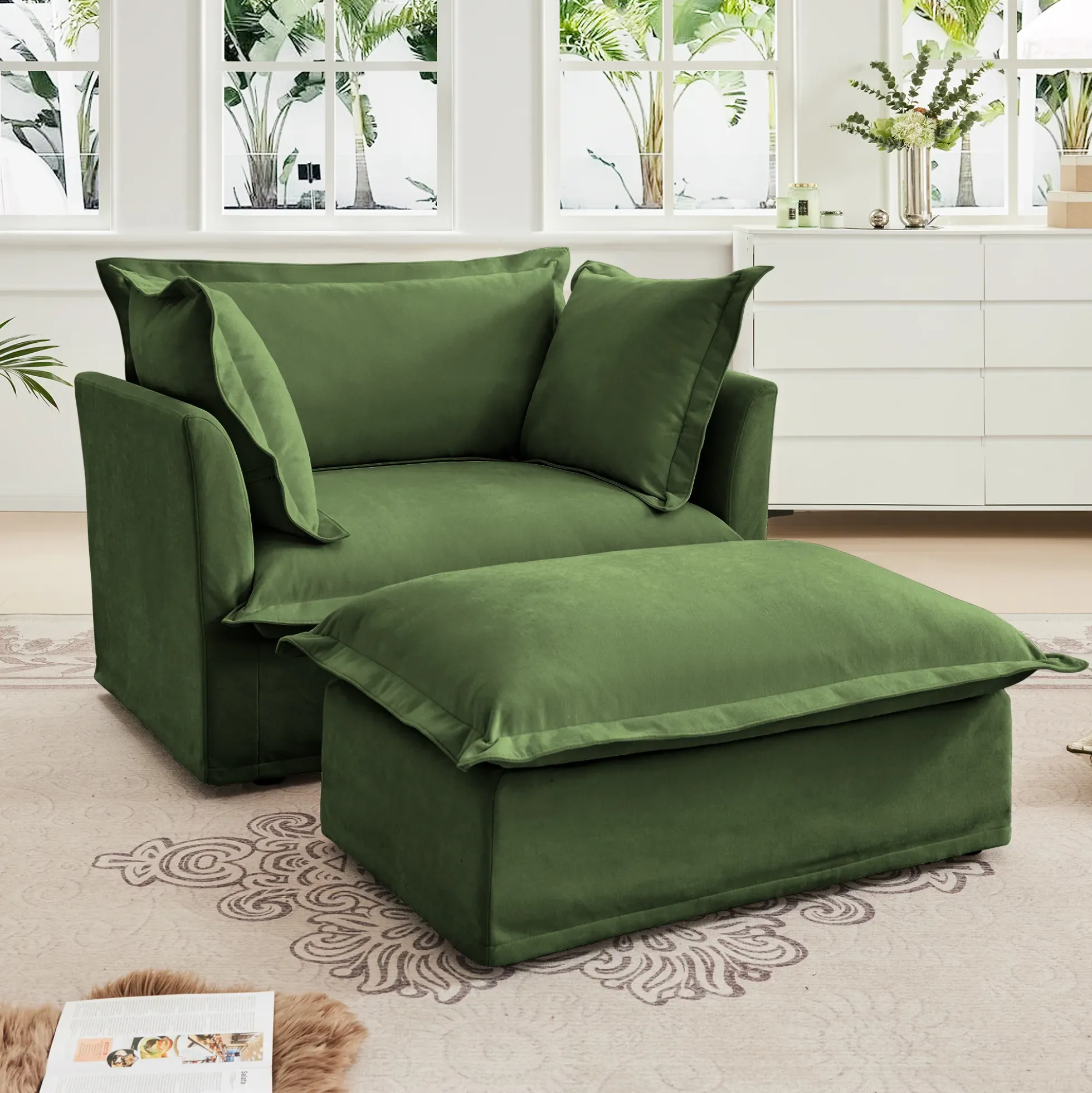 Walker Edison | Cloud Deep Seat Slipcovered Armchair with Ottoman