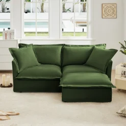 Walker Edison | Cloud Slipcovered Loveseat Sectional with Ottoman