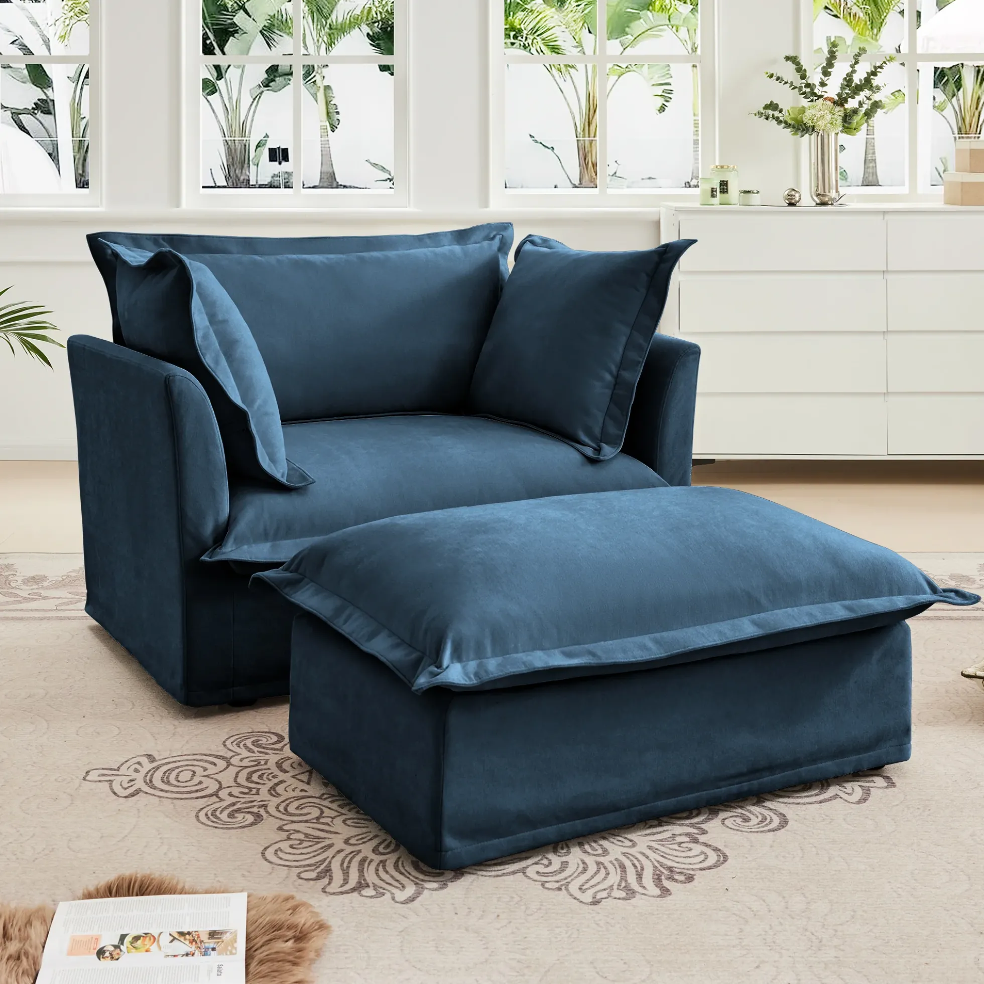 Walker Edison | Cloud Slipcovered Blue Armchair with Ottoman
