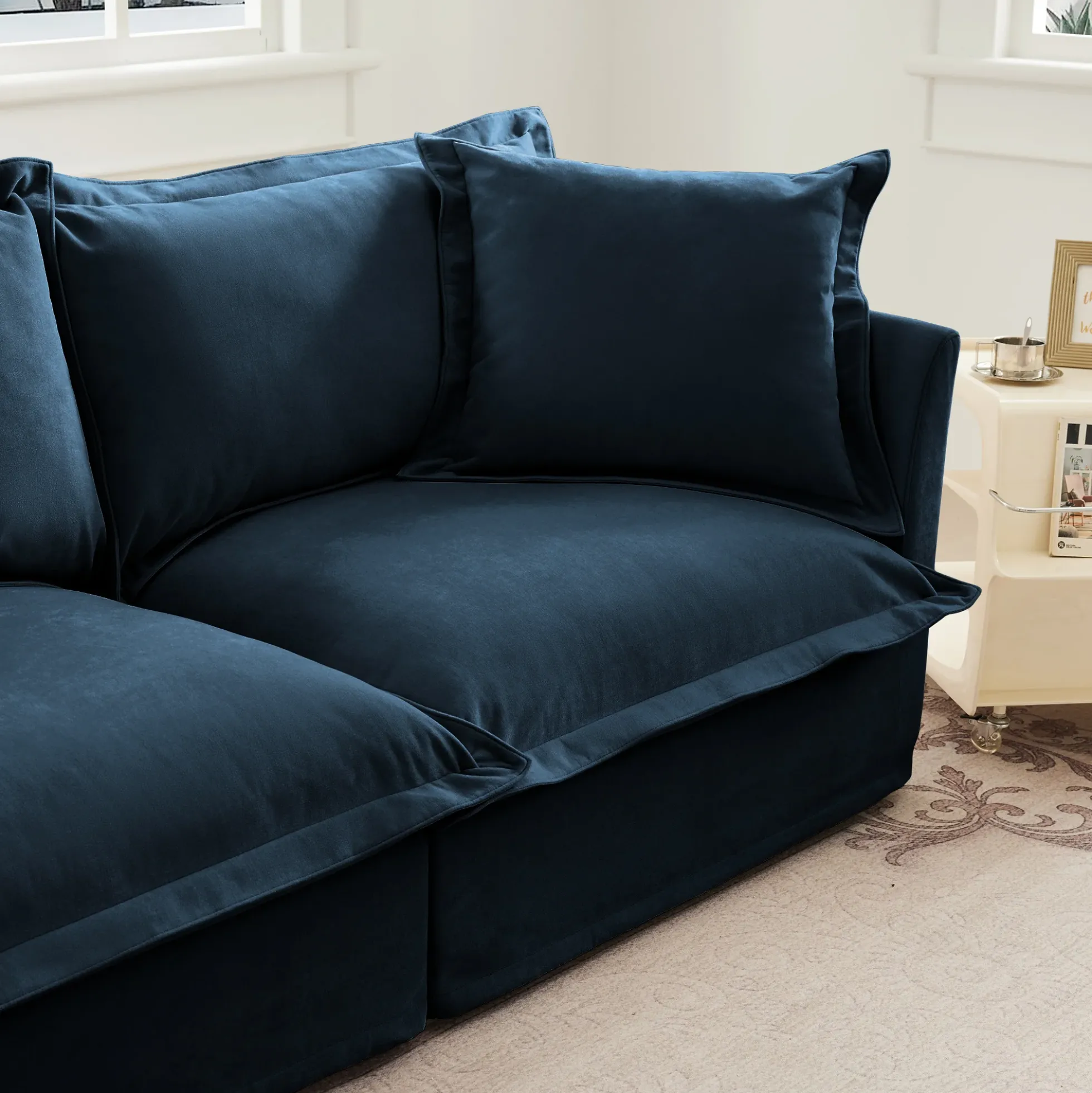 Walker Edison | Cloud Slipcovered Blue Armchair with Ottoman