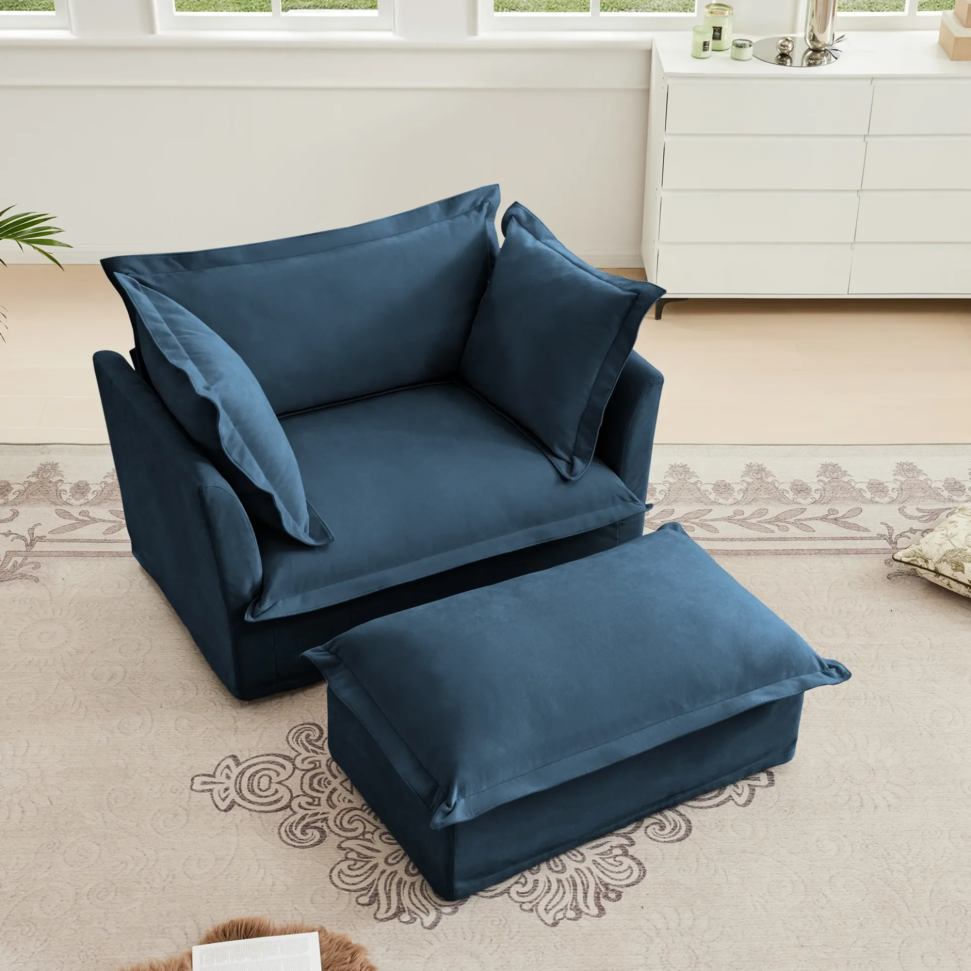 Walker Edison | Cloud Slipcovered Blue Armchair with Ottoman