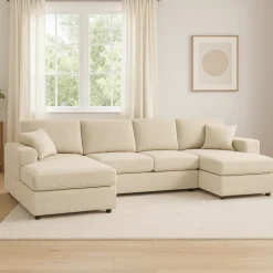 Walker Edison | Coastal Beige Corduroy Double-Chaise Cloud Sectional Sofa