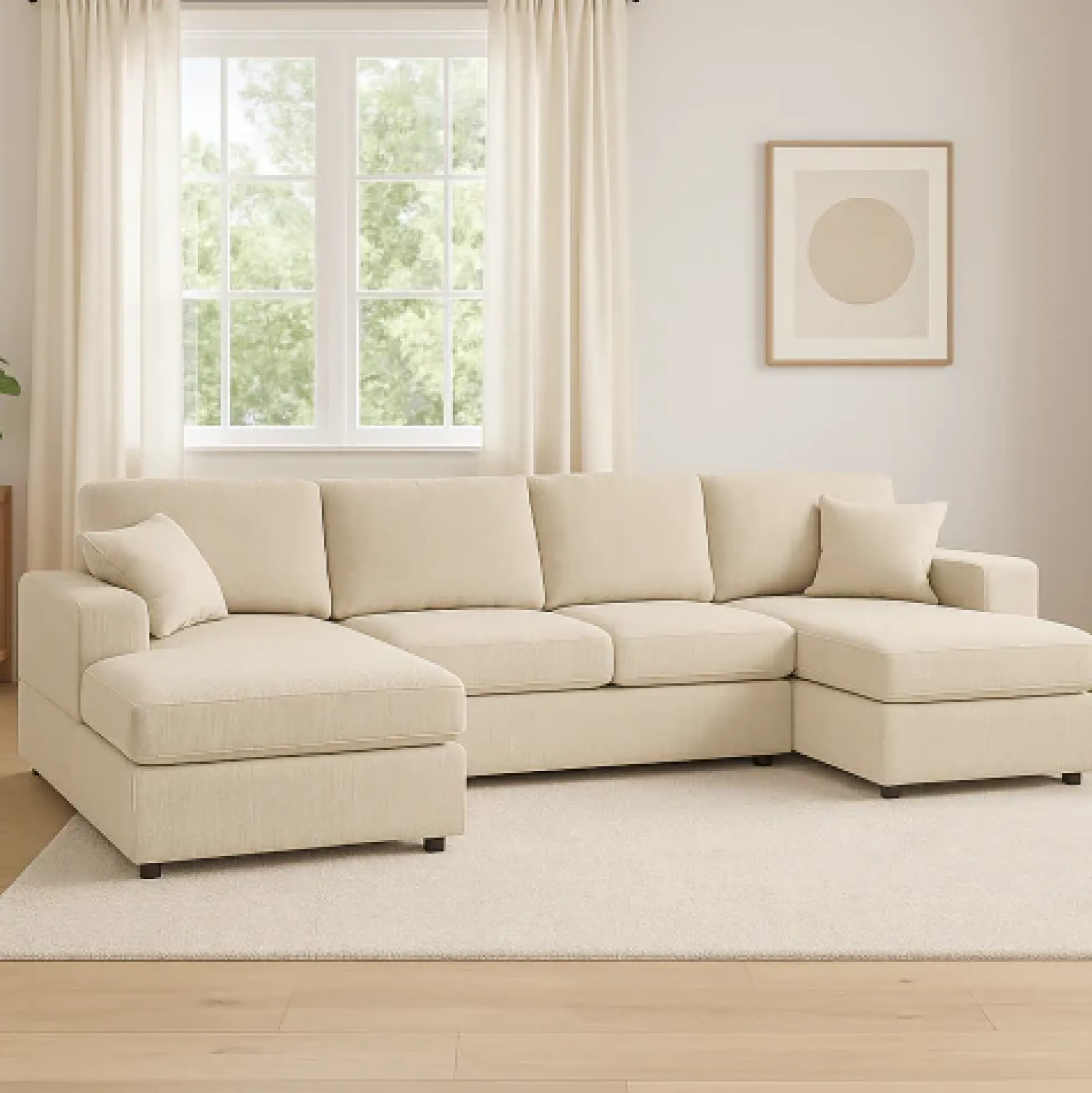 Walker Edison | Coastal Beige Corduroy Double-Chaise Cloud Sectional Sofa