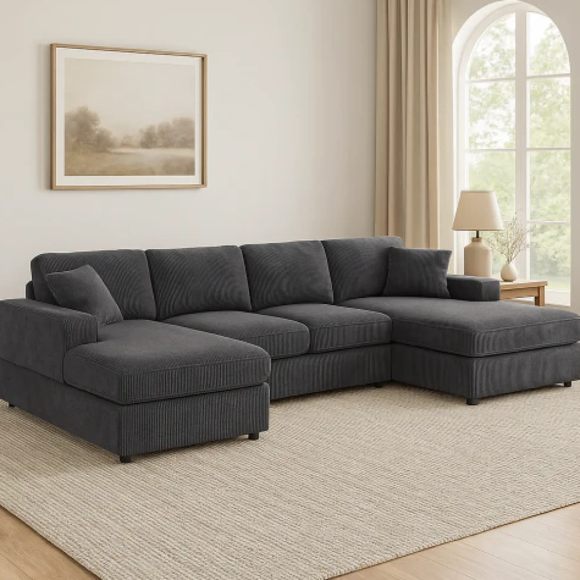 Walker Edison | Coastal Grey Corduroy Double-Chaise Cloud Sectional Sofa