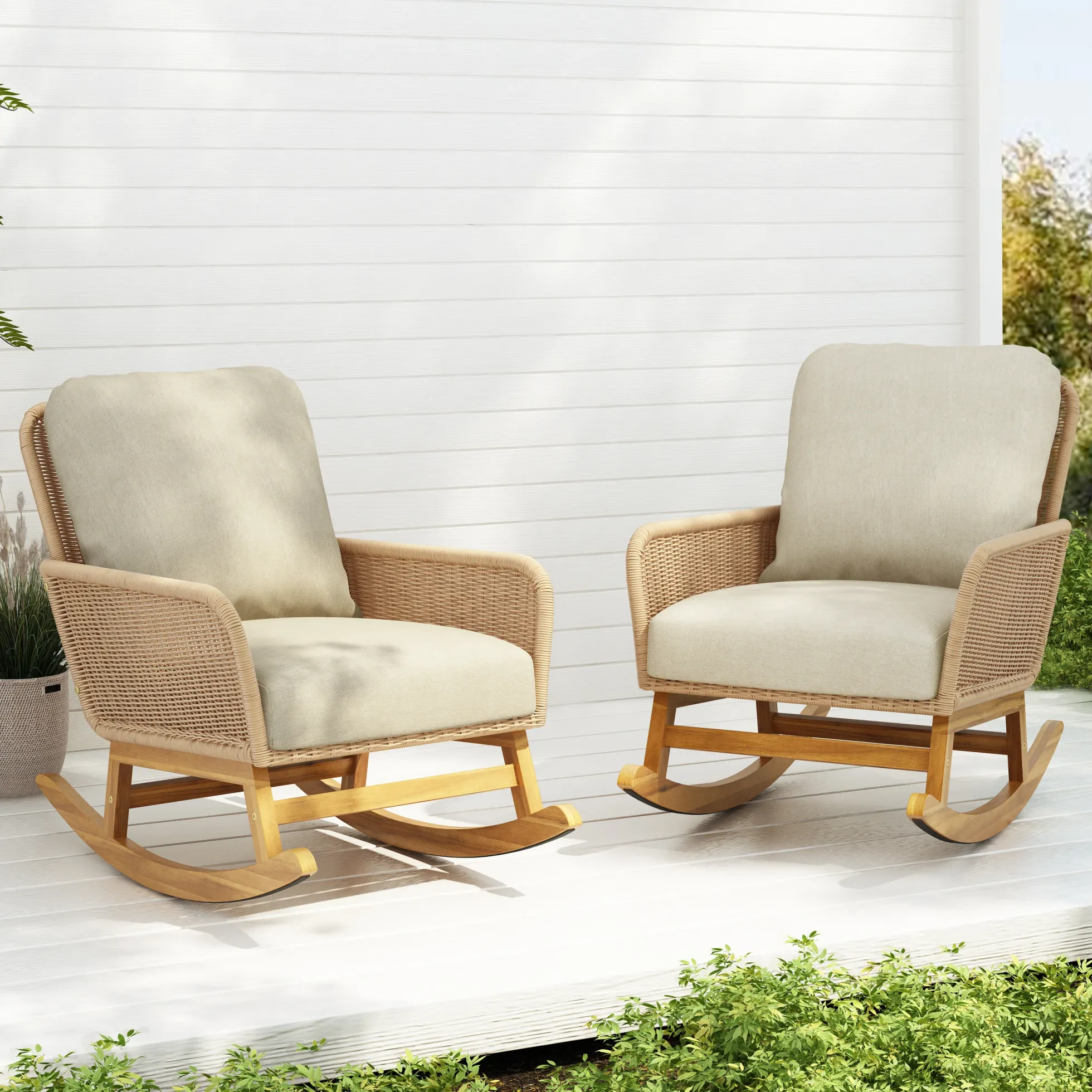 Walker Edison | Contemporary Minimalist Beige Wicker Rocking Chair Set of 2