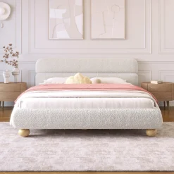 Walker Edison | Contemporary Boucle Queen Bedframe with Solid Round Legs