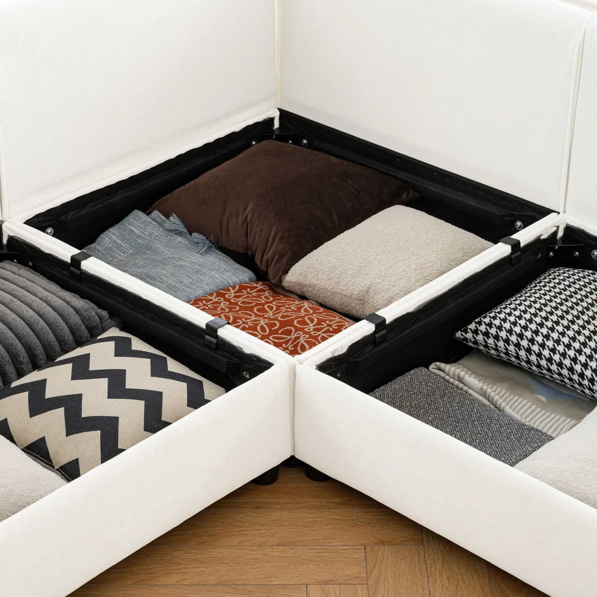 Walker Edison | Contemporary White Chenille L-Shaped Sofa with Storage and Ottoman