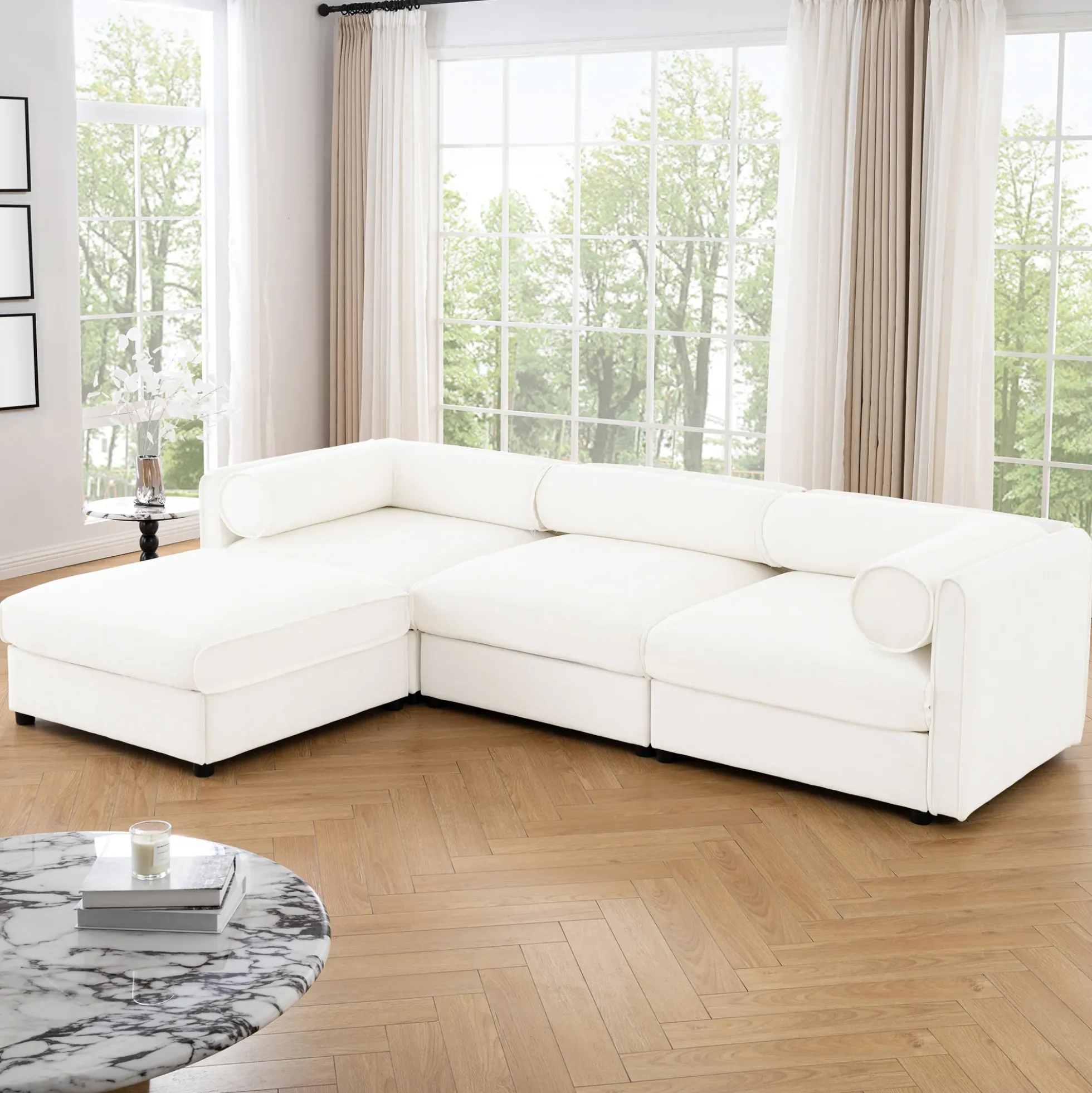 Walker Edison | Contemporary White Chenille L-Shaped Sofa with Storage and Ottoman