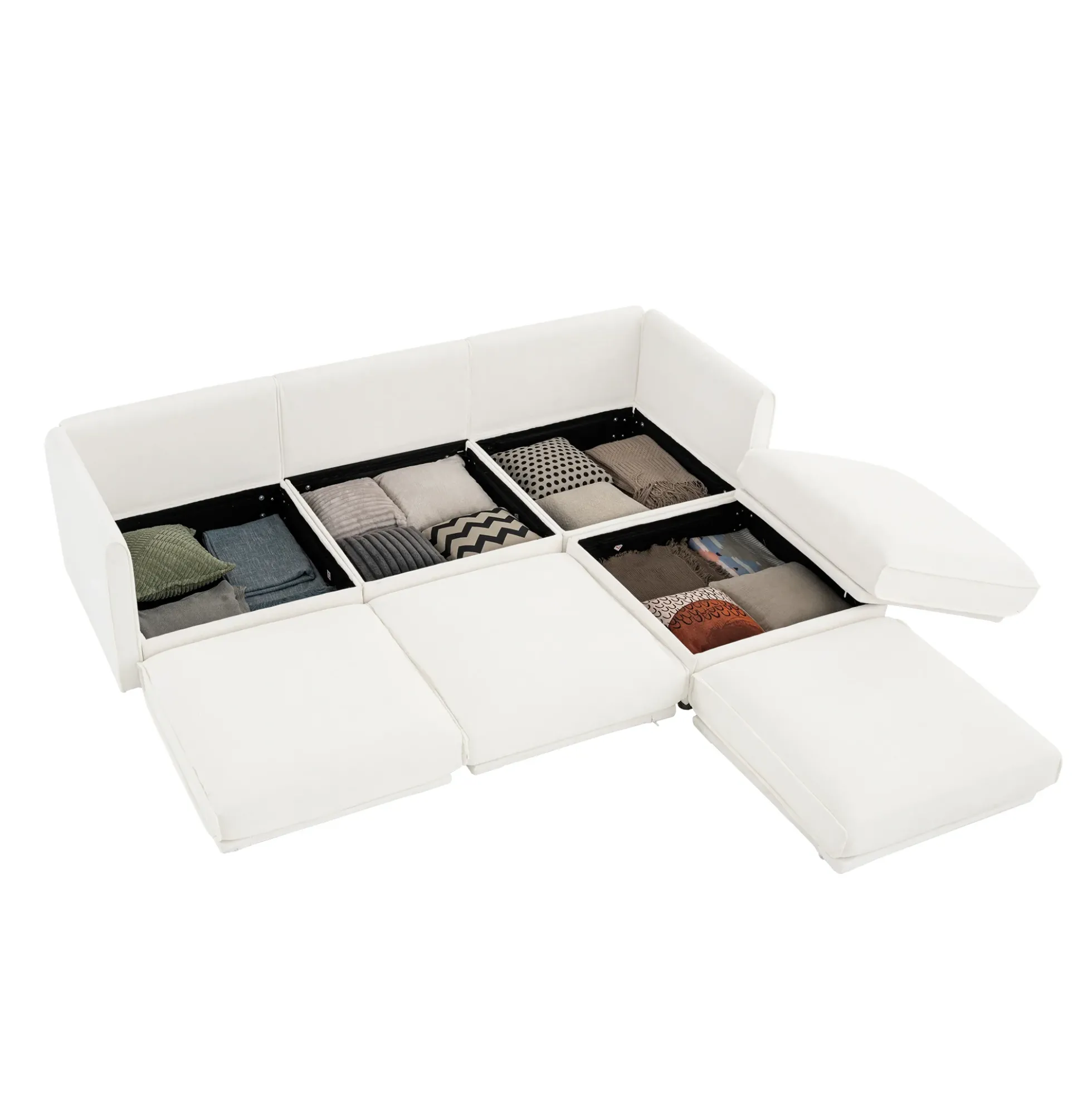 Walker Edison | Contemporary White Chenille L-Shaped Sofa with Storage and Ottoman