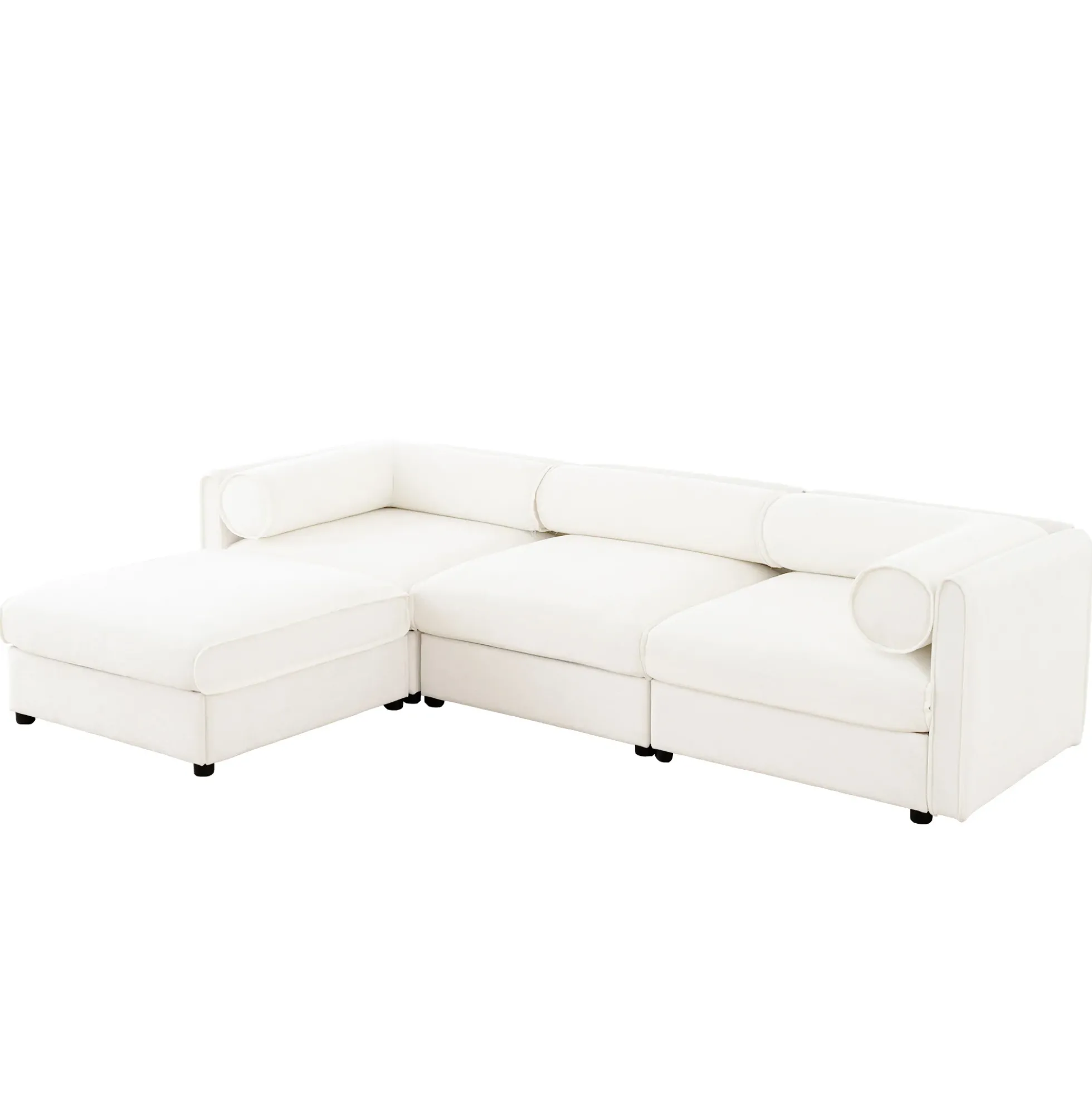 Walker Edison | Contemporary White Chenille L-Shaped Sofa with Storage and Ottoman