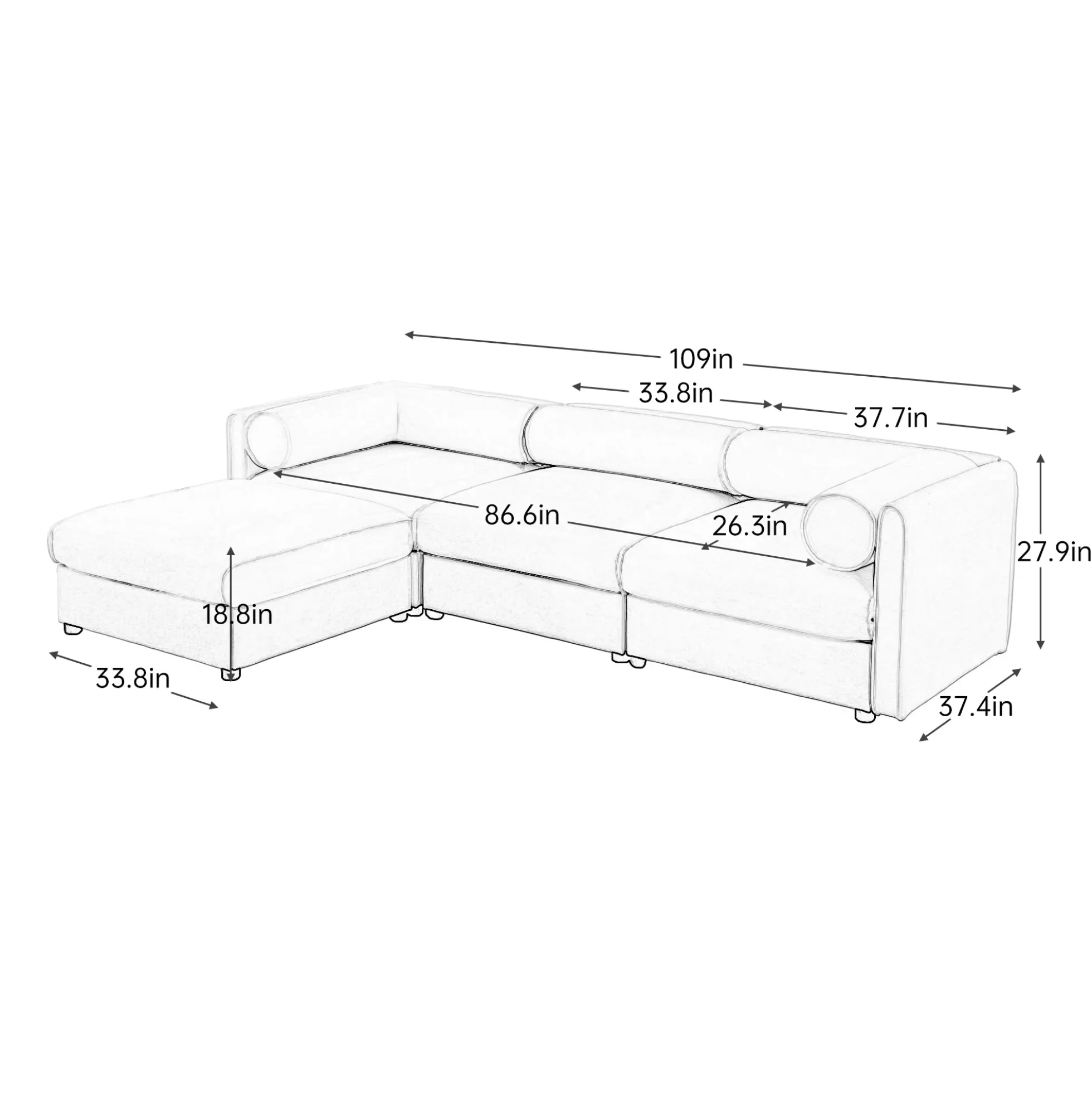 Walker Edison | Contemporary White Chenille L-Shaped Sofa with Storage and Ottoman