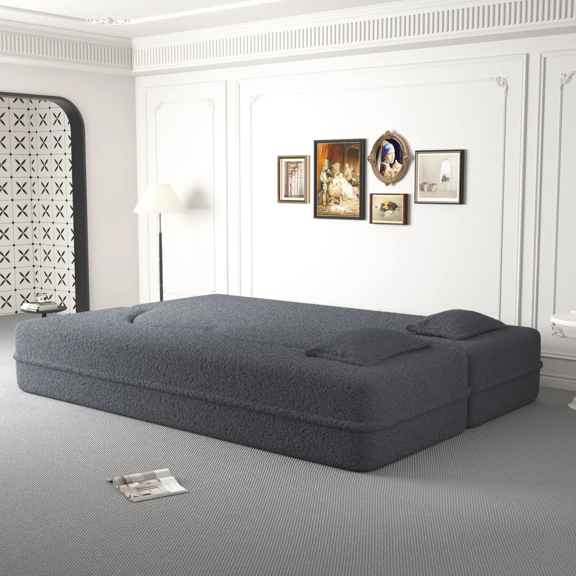 Walker Edison | Convertible Modern Teddy Floor Full Size Sofa Bed with Pillows