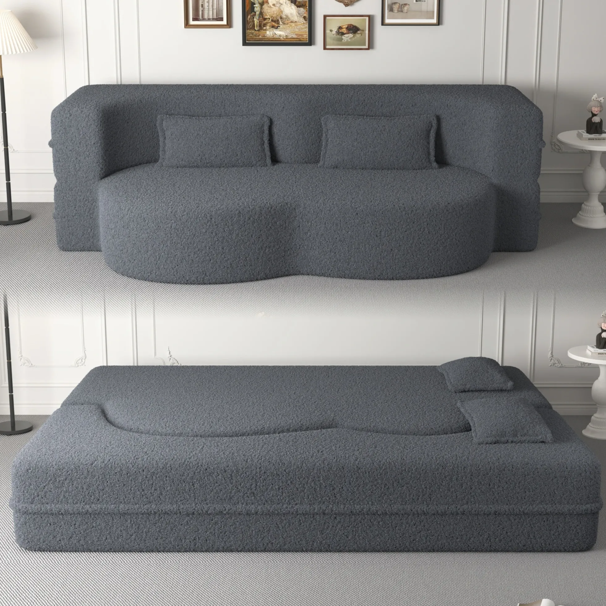 Walker Edison | Convertible Modern Teddy Floor Full Size Sofa Bed with Pillows