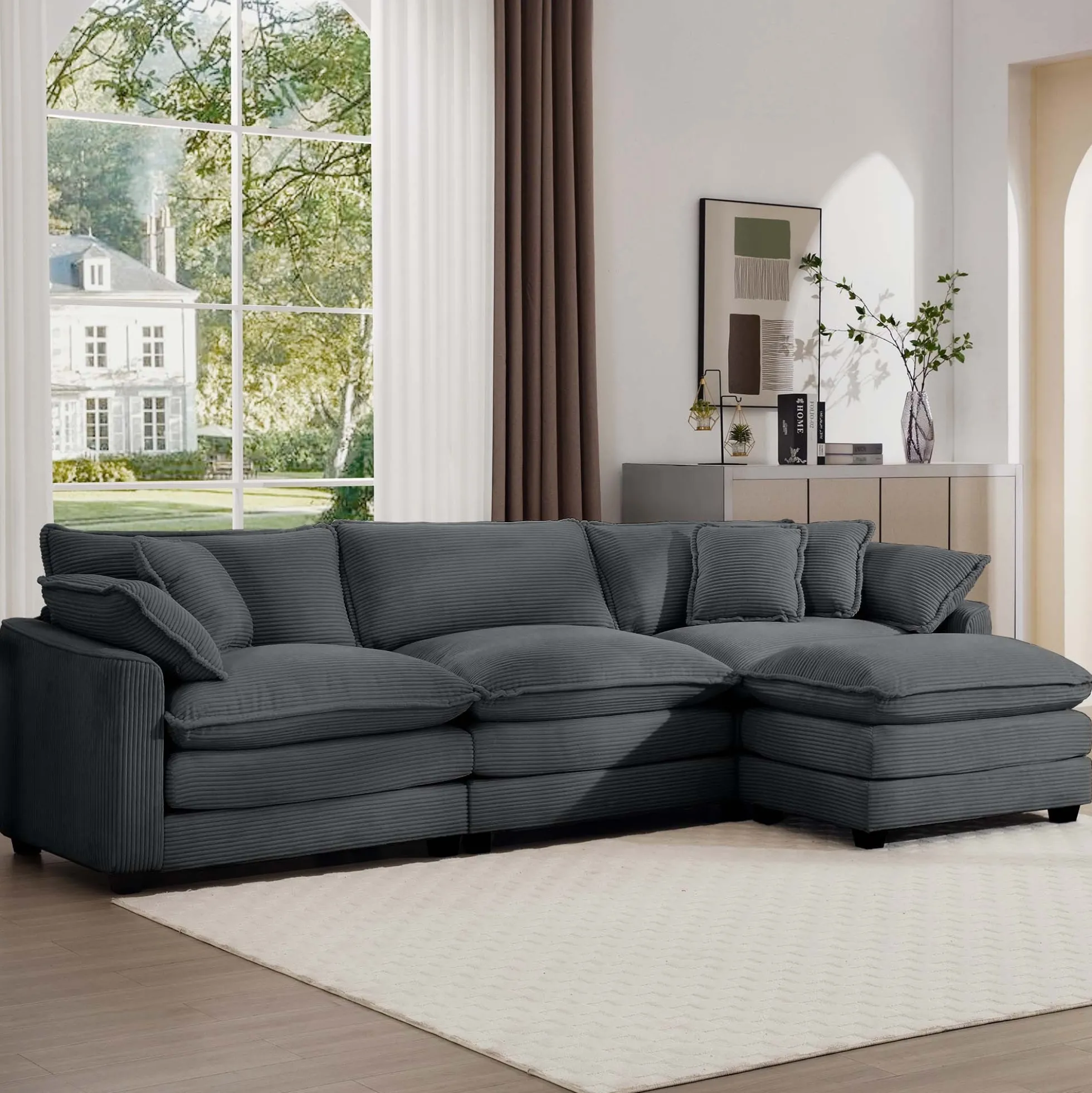 Walker Edison | Corduroy Cloud Plush Sectional Sofa with Ottoman