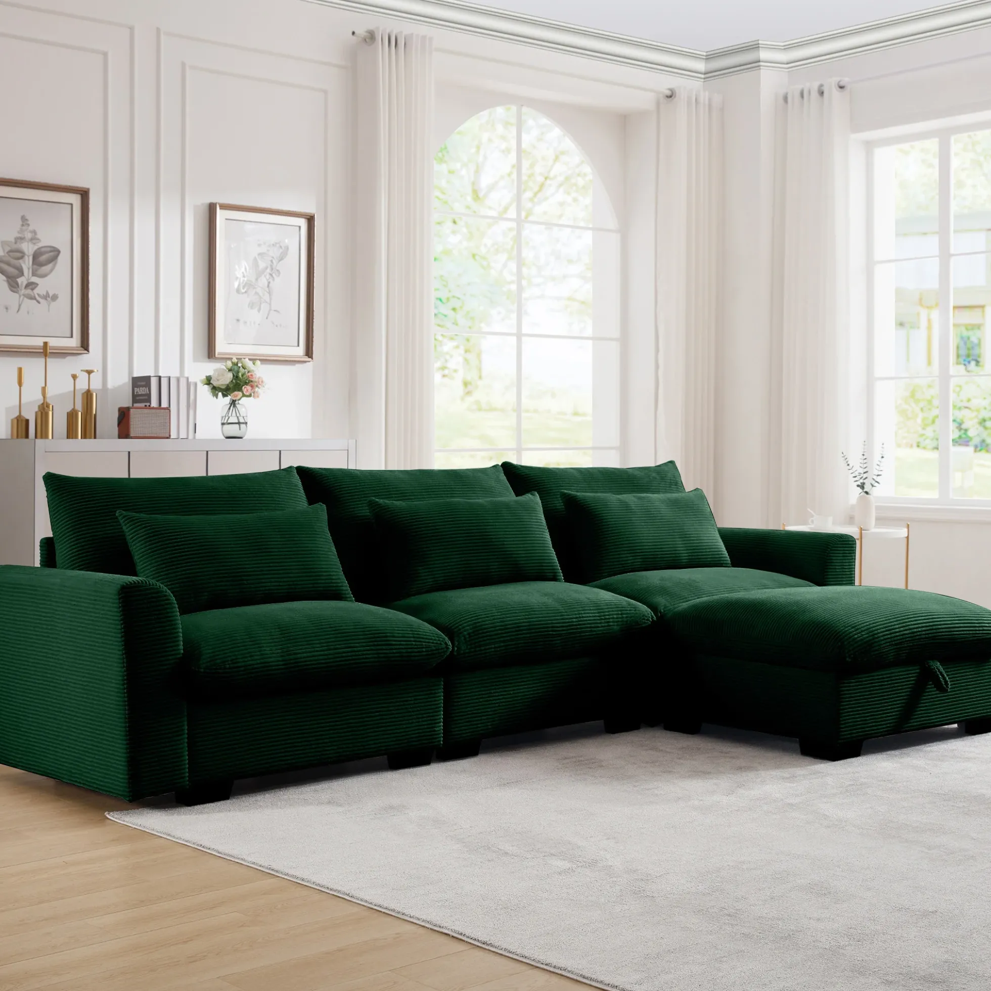 Walker Edison | Corduroy Sectional Sofa with Storage Ottoman