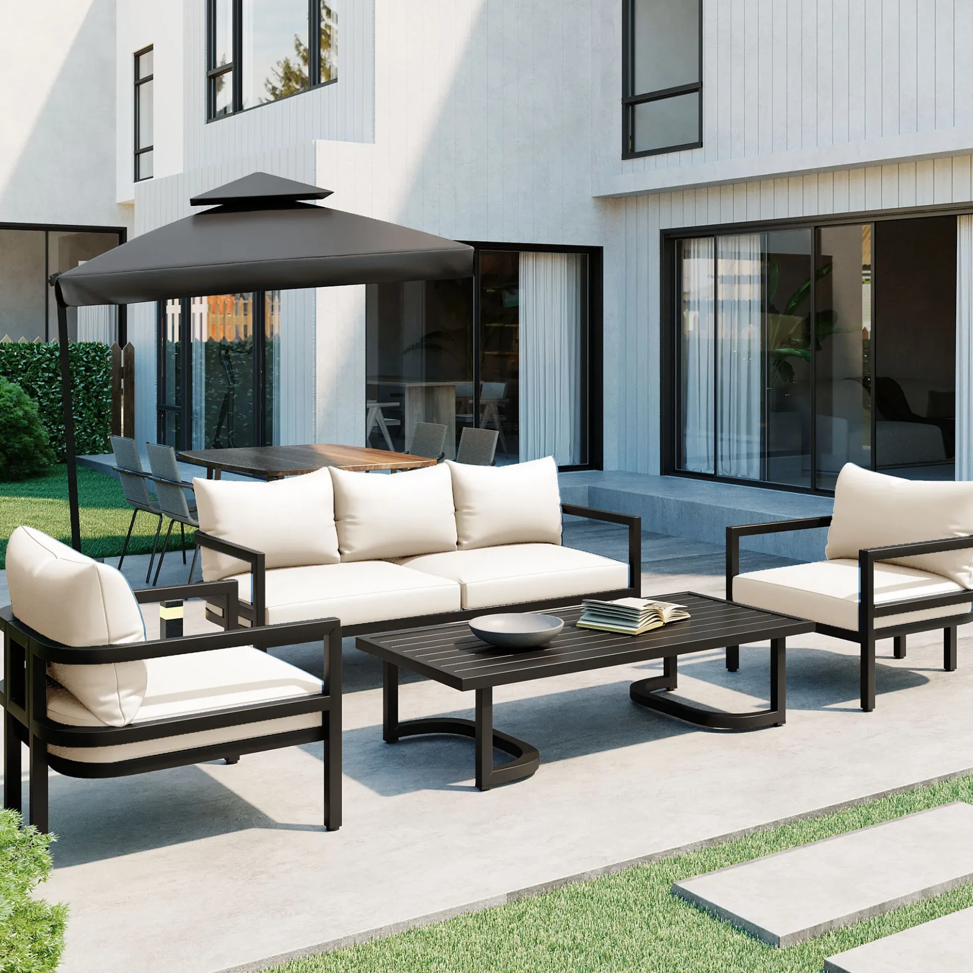 Walker Edison | Curve Design Steel Outdoor Sofa Set