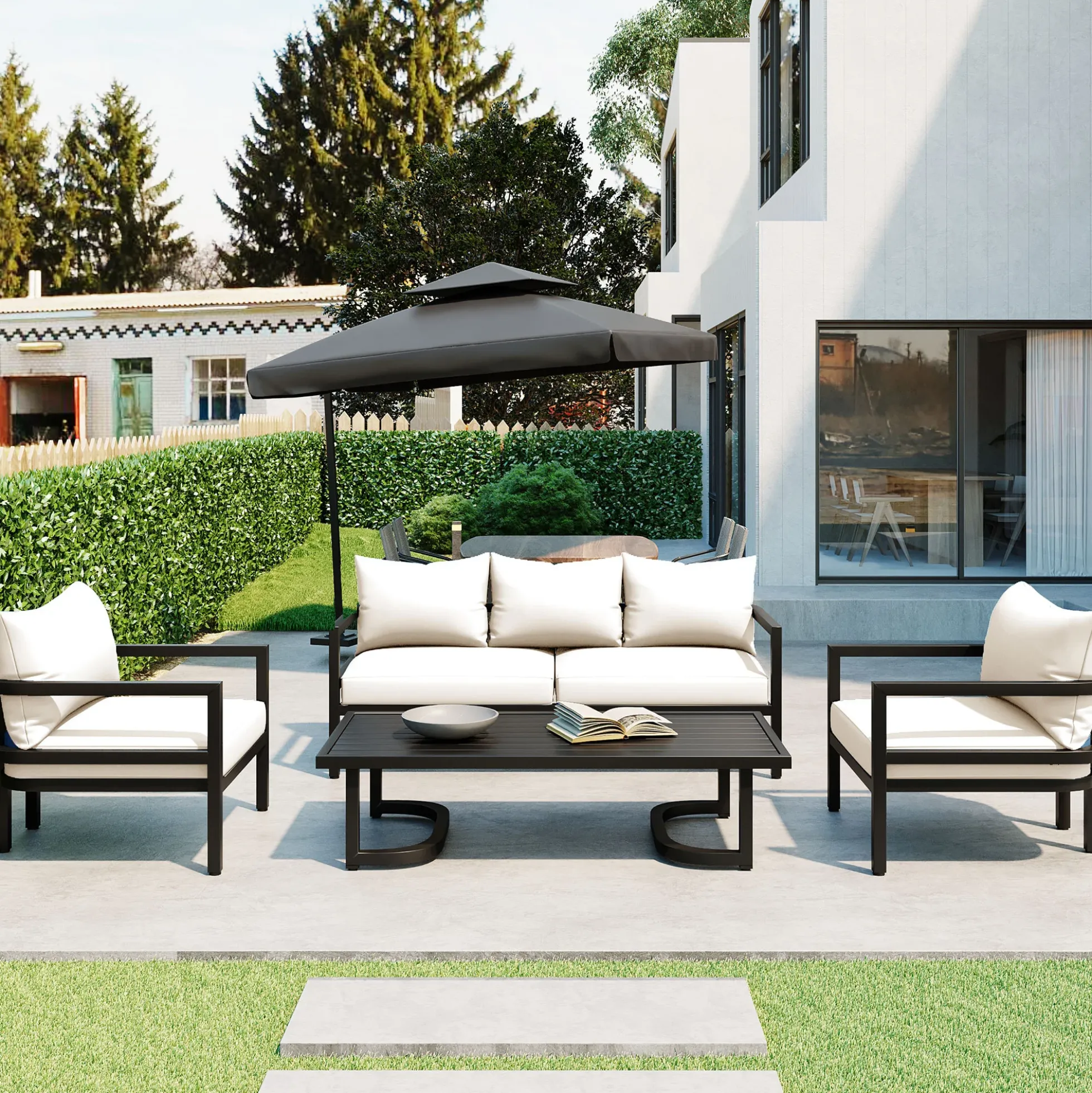 Walker Edison | Curve Design Steel Outdoor Sofa Set