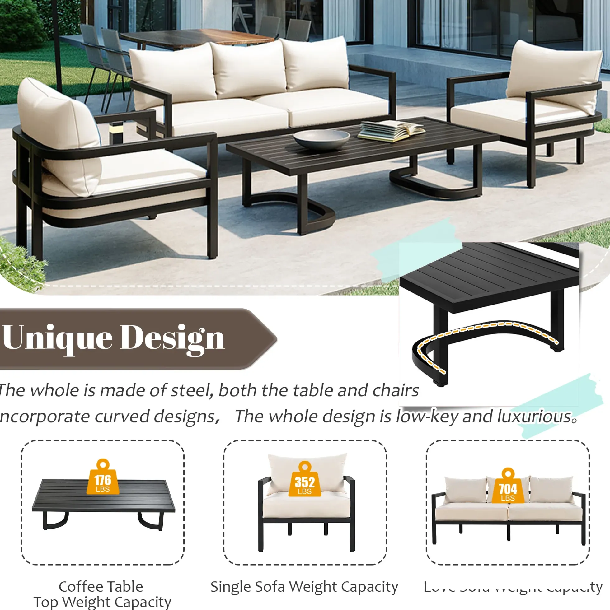 Walker Edison | Curve Design Steel Outdoor Sofa Set