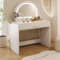 Walker Edison | Curve Reeded Makeup Vanity Table with Mirror Touch Screen Light
