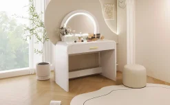 Walker Edison | Curve Reeded Makeup Vanity Table with Mirror Touch Screen Light
