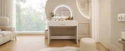 Walker Edison | Curve Reeded Makeup Vanity Table with Mirror Touch Screen Light