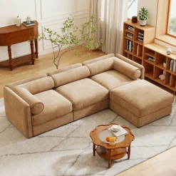 Walker Edison | Elegant Camel Chenille Sofa with Storage Seat and Ottoman