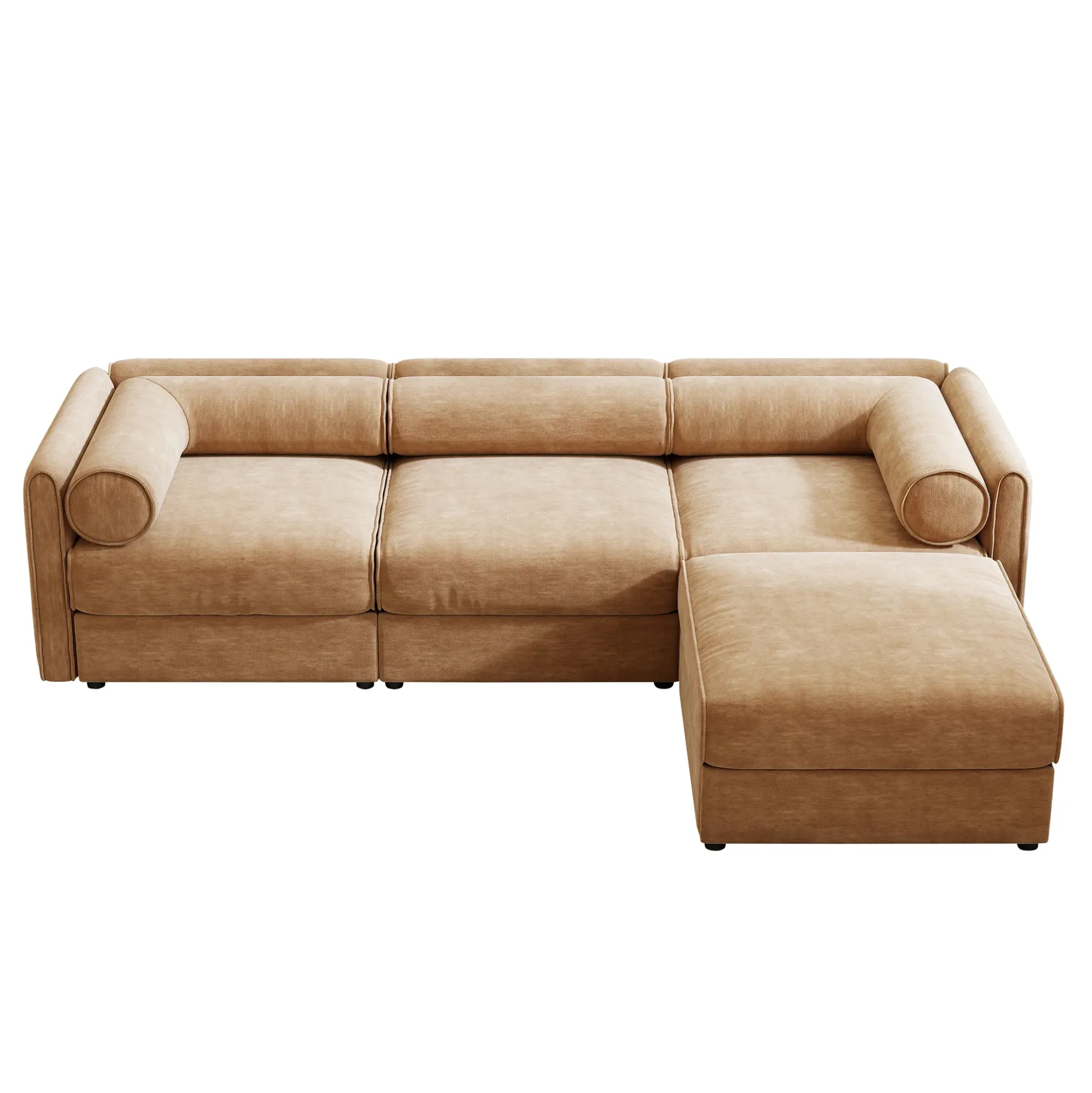 Walker Edison | Elegant Camel Chenille Sofa with Storage Seat and Ottoman