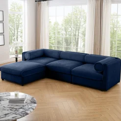 Walker Edison | Elegant L-Shaped Blue Chenille 3-Seater Sofa with Storage and Ottoman