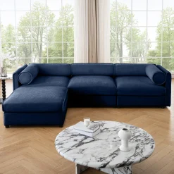 Walker Edison | Elegant L-Shaped Blue Chenille 3-Seater Sofa with Storage and Ottoman