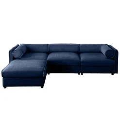 Walker Edison | Elegant L-Shaped Blue Chenille 3-Seater Sofa with Storage and Ottoman