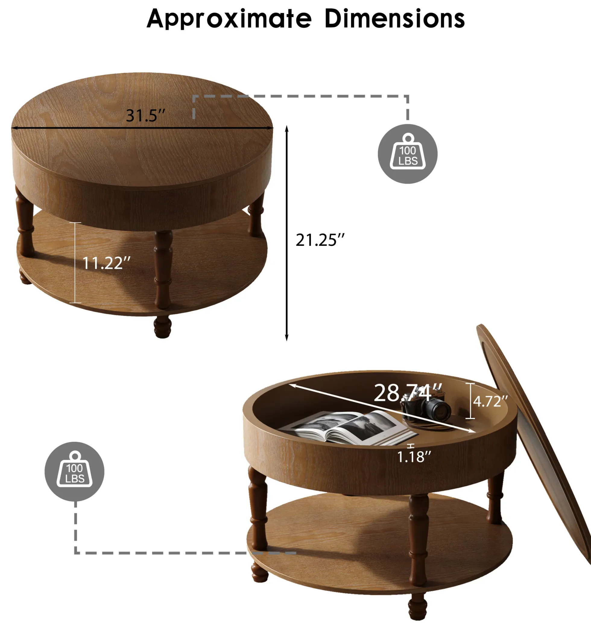 Walker Edison | Elevated Traditional 31.5' Round Coffee Table with Dual Storage