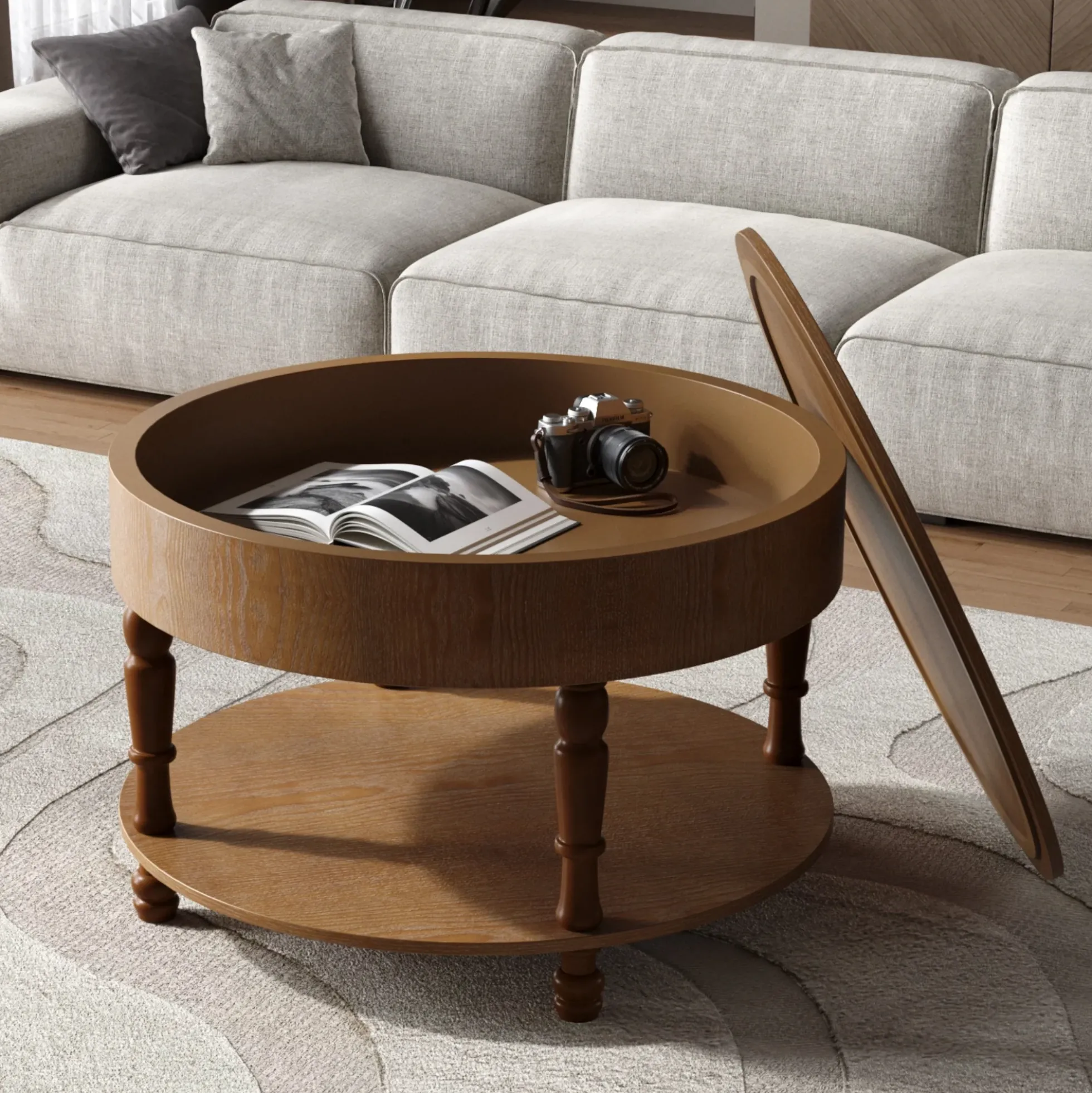 Walker Edison | Elevated Traditional 31.5' Round Coffee Table with Dual Storage