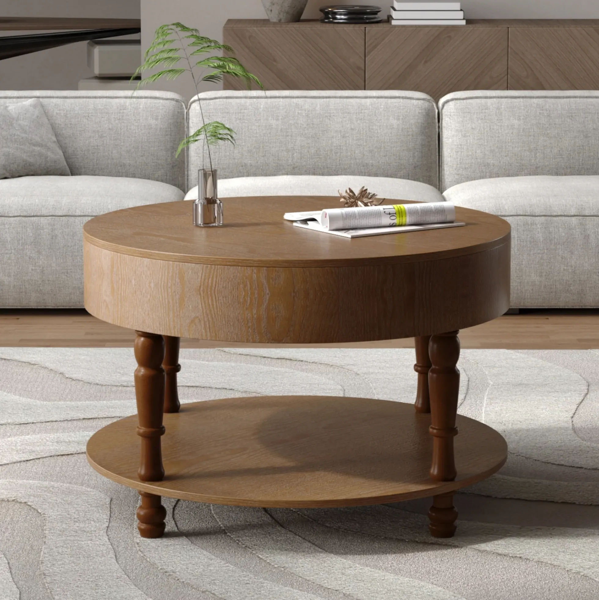 Walker Edison | Elevated Traditional 31.5' Round Coffee Table with Dual Storage