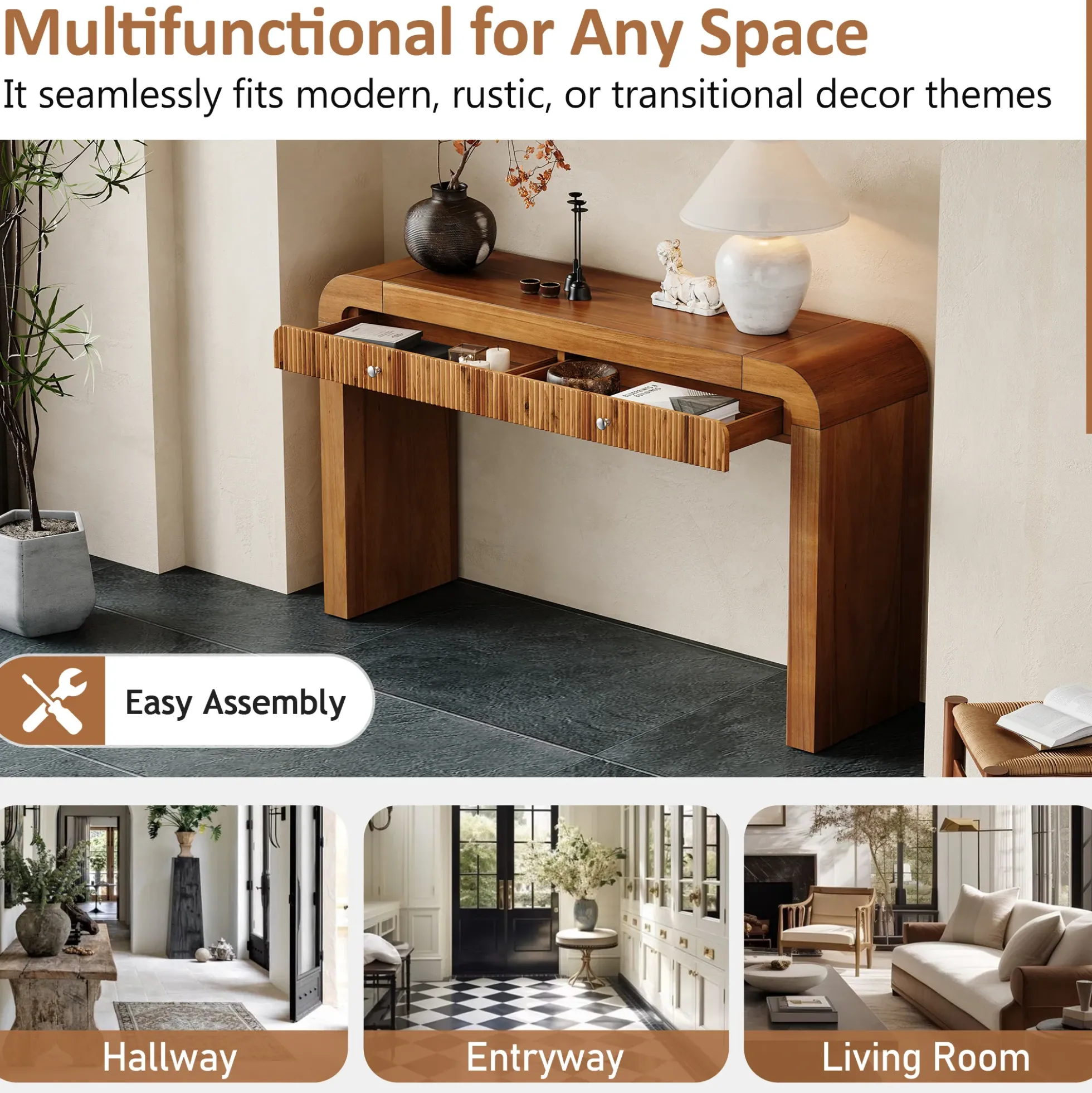 Walker Edison | Entryway Fluted Curve Design Console/Desk Table with Drawers