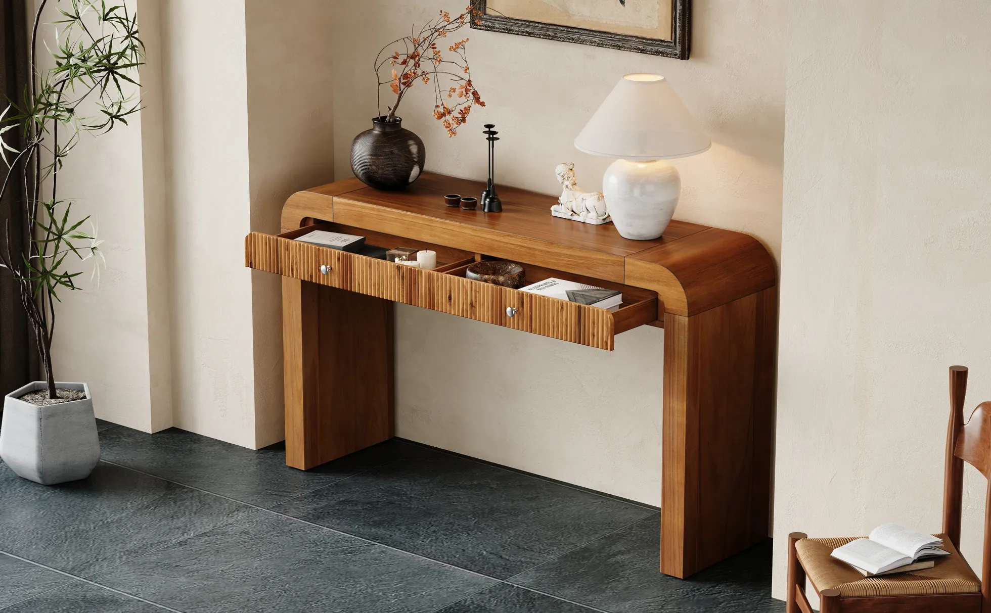 Walker Edison | Entryway Fluted Curve Design Console/Desk Table with Drawers