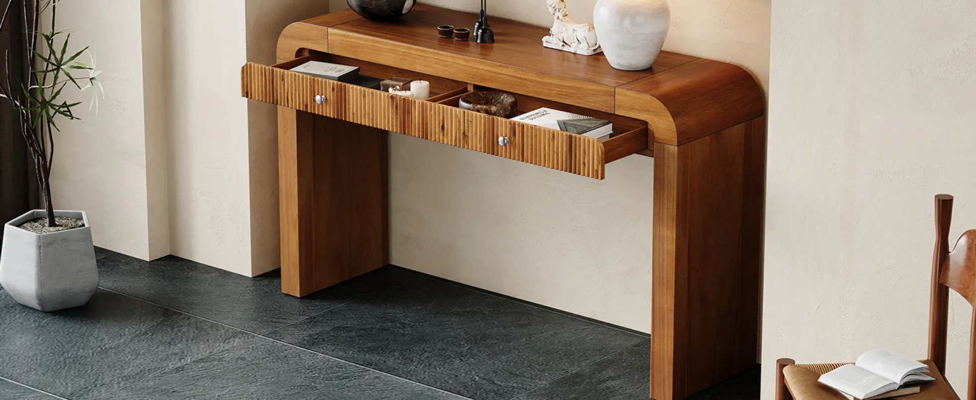 Walker Edison | Entryway Fluted Curve Design Console/Desk Table with Drawers