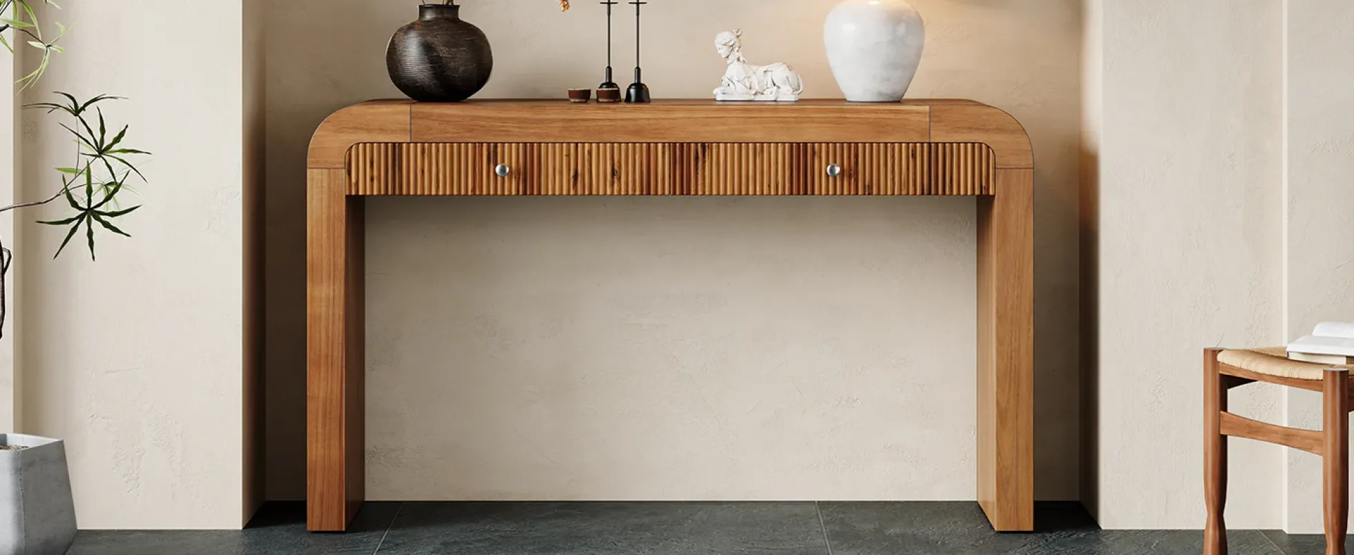 Walker Edison | Entryway Fluted Curve Design Console/Desk Table with Drawers